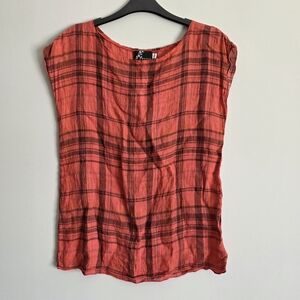 Orange Plaid Linen Sleeveless Summer Top Fenini Sz XS